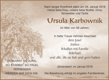 Traueranzeige von Ursula Karbownik von Mecklenburger Schweiz