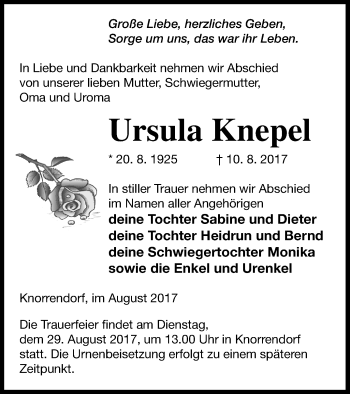 Traueranzeige von Ursula Knepel von Neubrandenburger Zeitung