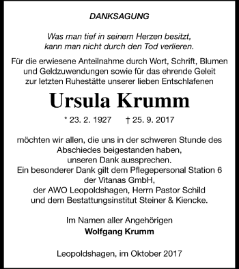 Traueranzeige von Ursula Krumm von Haff-Zeitung