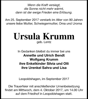 Traueranzeige von Ursula Krumm von Haff-Zeitung