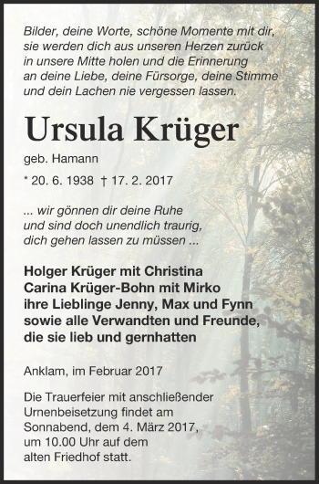 Traueranzeige von Ursula Krüger von Vorpommern Kurier