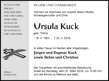 Traueranzeige von Ursula Kuck von Prenzlauer Zeitung