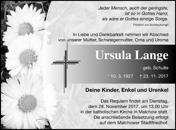 Traueranzeige von Ursula Lange von Müritz-Zeitung