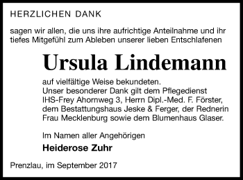 Traueranzeige von Ursula Lindemann von Prenzlauer Zeitung