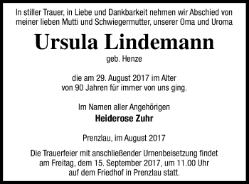 Traueranzeige von Ursula Lindemann von Prenzlauer Zeitung