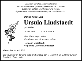 Traueranzeige von Ursula Lindstaedt von Müritz-Zeitung