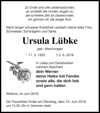 Traueranzeige von Ursula Lübke von Demminer Zeitung