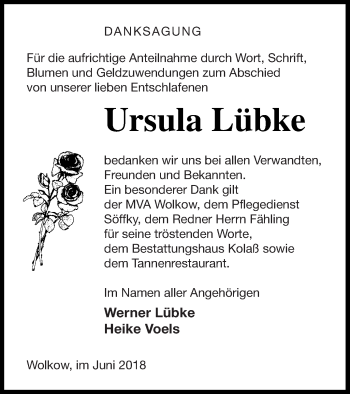 Traueranzeige von Ursula Lübke von Demminer Zeitung