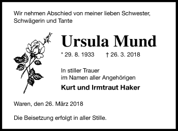Traueranzeige von Ursula Mund von Müritz-Zeitung