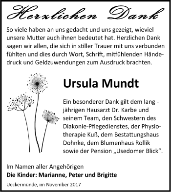 Traueranzeige von Ursula Mundt von Haff-Zeitung