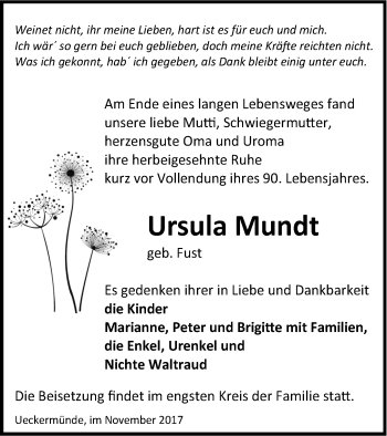 Traueranzeige von Ursula Mundt von Haff-Zeitung