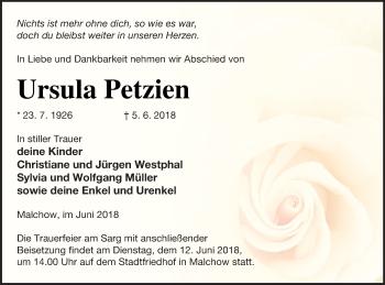 Traueranzeige von Ursula Petzien von Müritz-Zeitung