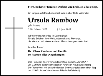 Traueranzeige von Ursula Rambow von Neubrandenburger Zeitung