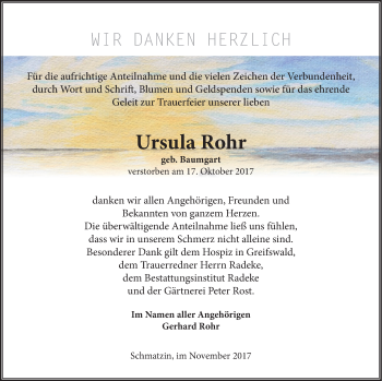 Traueranzeige von Ursula Rohr von Vorpommern Kurier