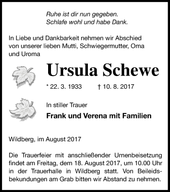 Traueranzeige von Ursula Schewe von Neubrandenburger Zeitung