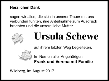 Traueranzeige von Ursula Schewe von Neubrandenburger Zeitung