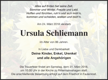 Traueranzeige von Ursula Schliemann von Mecklenburger Schweiz