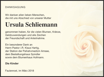 Traueranzeige von Ursula Schliemann von Mecklenburger Schweiz