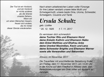 Traueranzeige von Ursula Schultz von Haff-Zeitung