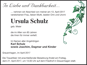 Traueranzeige von Ursula Schulz von Strelitzer Zeitung