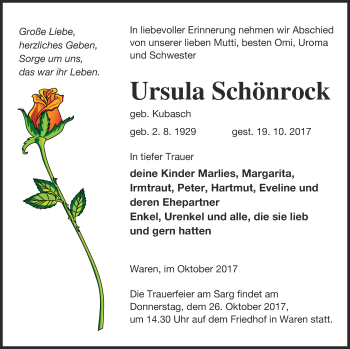Traueranzeige von Ursula Schönrock von Müritz-Zeitung