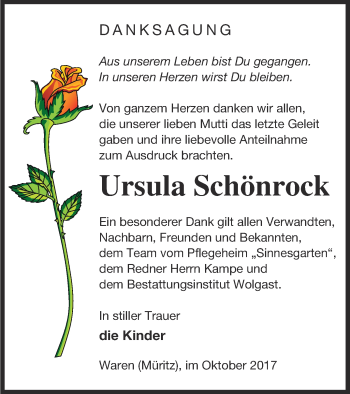 Traueranzeige von Ursula Schönrock von Müritz-Zeitung