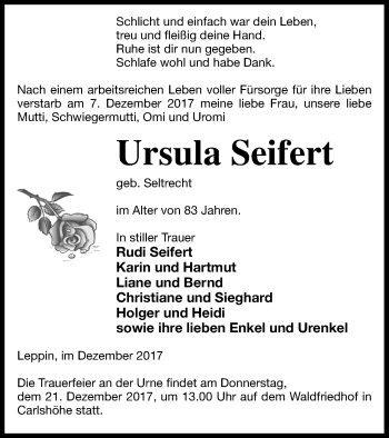 Traueranzeige von Ursula Seifert von Strelitzer Zeitung