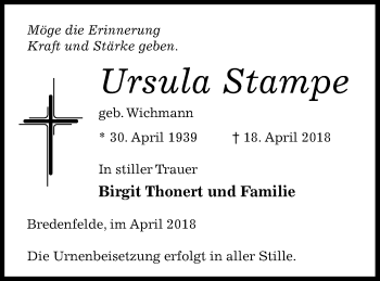 Traueranzeige von Ursula Stampe von Mecklenburger Schweiz