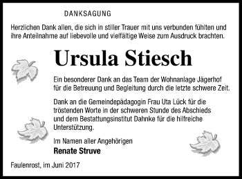 Traueranzeige von Ursula Stiesch von Mecklenburger Schweiz