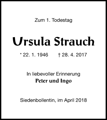 Traueranzeige von Ursula Strauch von Neubrandenburger Zeitung