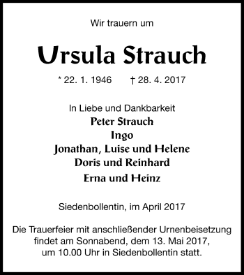 Traueranzeige von Ursula Strauch von Neubrandenburger Zeitung