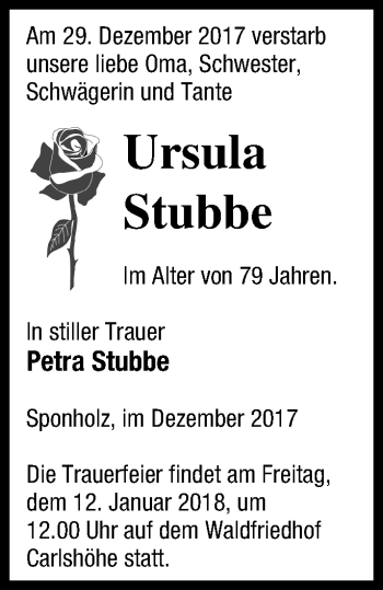 Traueranzeige von Ursula Stubbe von Neubrandenburger Zeitung