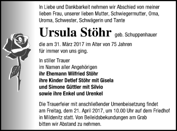 Traueranzeige von Ursula Stöhr von Strelitzer Zeitung