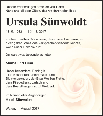 Traueranzeige von Ursula Sünwoldt von Müritz-Zeitung