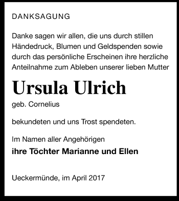 Traueranzeige von Ursula Ulrich von Haff-Zeitung