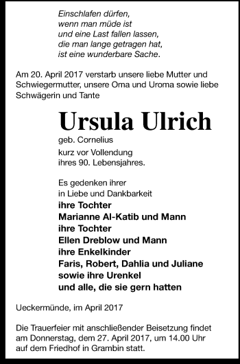 Traueranzeige von Ursula Ulrich von Haff-Zeitung