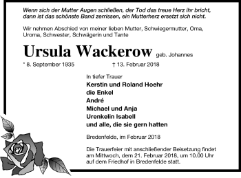 Traueranzeige von Ursula Wackerow von Mecklenburger Schweiz