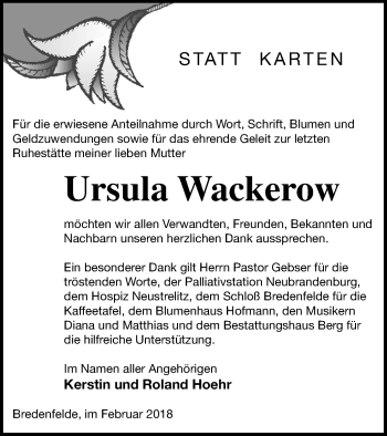 Traueranzeige von Ursula Wackerow von Mecklenburger Schweiz