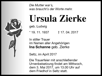 Traueranzeige von Ursula Zierke von Neubrandenburger Zeitung