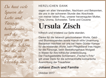 Traueranzeige von Ursula Zisch von Mecklenburger Schweiz