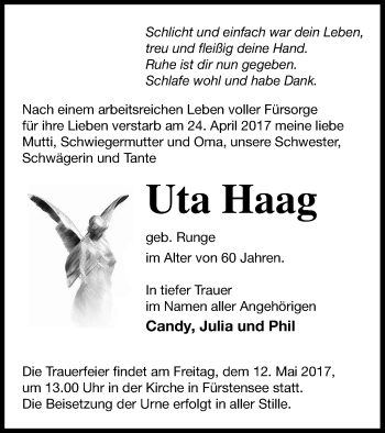 Traueranzeige von Uta Haag von Strelitzer Zeitung