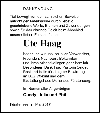 Traueranzeige von Ute Haag von Strelitzer Zeitung