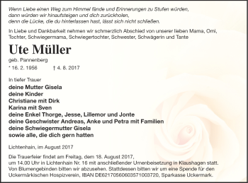 Traueranzeige von Ute Müller von Templiner Zeitung