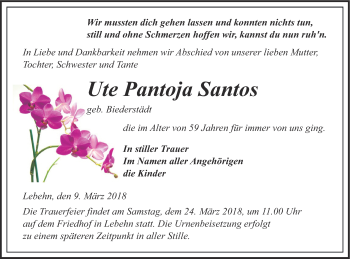 Traueranzeige von Ute Pantoja Santos von Pasewalker Zeitung