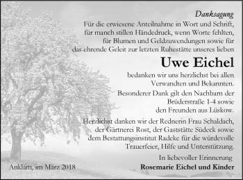 Traueranzeige von Uwe Eichel von Vorpommern Kurier