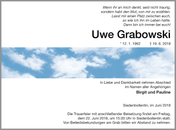 Traueranzeige von Uwe Grabowski von Neubrandenburger Zeitung