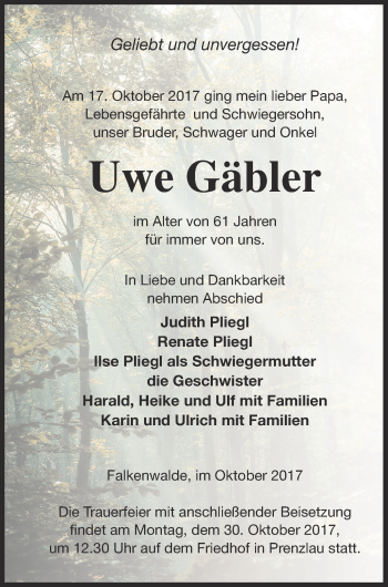 Traueranzeige von Uwe Gäbler von Prenzlauer Zeitung