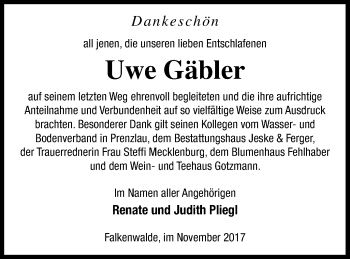 Traueranzeige von Uwe Gäbler von Prenzlauer Zeitung