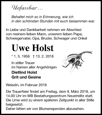 Traueranzeige von Uwe Holst von Müritz-Zeitung