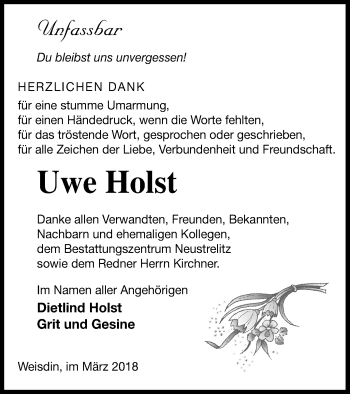 Traueranzeige von Uwe Holst von Müritz-Zeitung